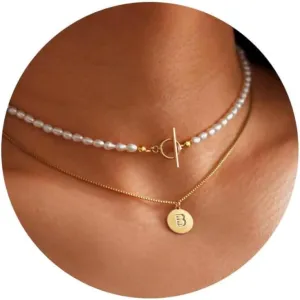 Ursteel Dainty Initial Necklaces for Women Trendy - Layered Pendant Necklace, Gold Pearl Initial Necklace, Letter Chain Necklace, Gold Jewelry for Women, Personalized Gifts for Women
