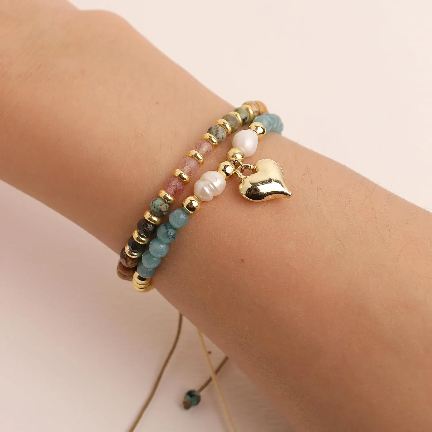 Valentines Day Boho Baroque Pearl Beaded Friendship Strand Bracelets for Women Charm Cross Heart Star Handmade Adjustable Rope Gold Ball Beads Bohemian Stackable Bracelet Jewelry Gift