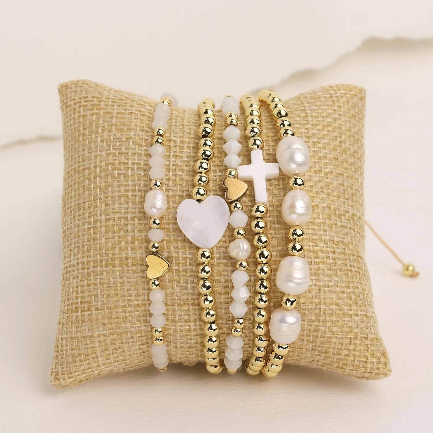 Valentines Day Boho Baroque Pearl Beaded Friendship Strand Bracelets for Women Charm Cross Heart Star Handmade Adjustable Rope Gold Ball Beads Bohemian Stackable Bracelet Jewelry Gift