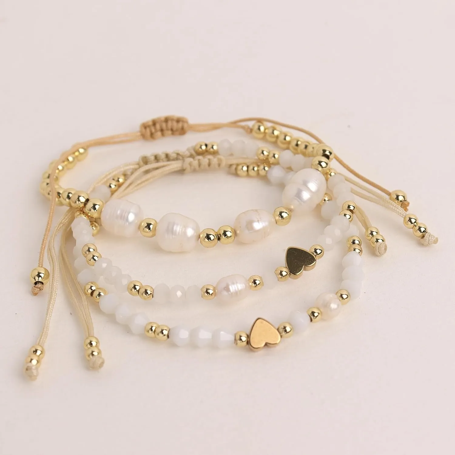 Valentines Day Boho Baroque Pearl Beaded Friendship Strand Bracelets for Women Charm Cross Heart Star Handmade Adjustable Rope Gold Ball Beads Bohemian Stackable Bracelet Jewelry Gift