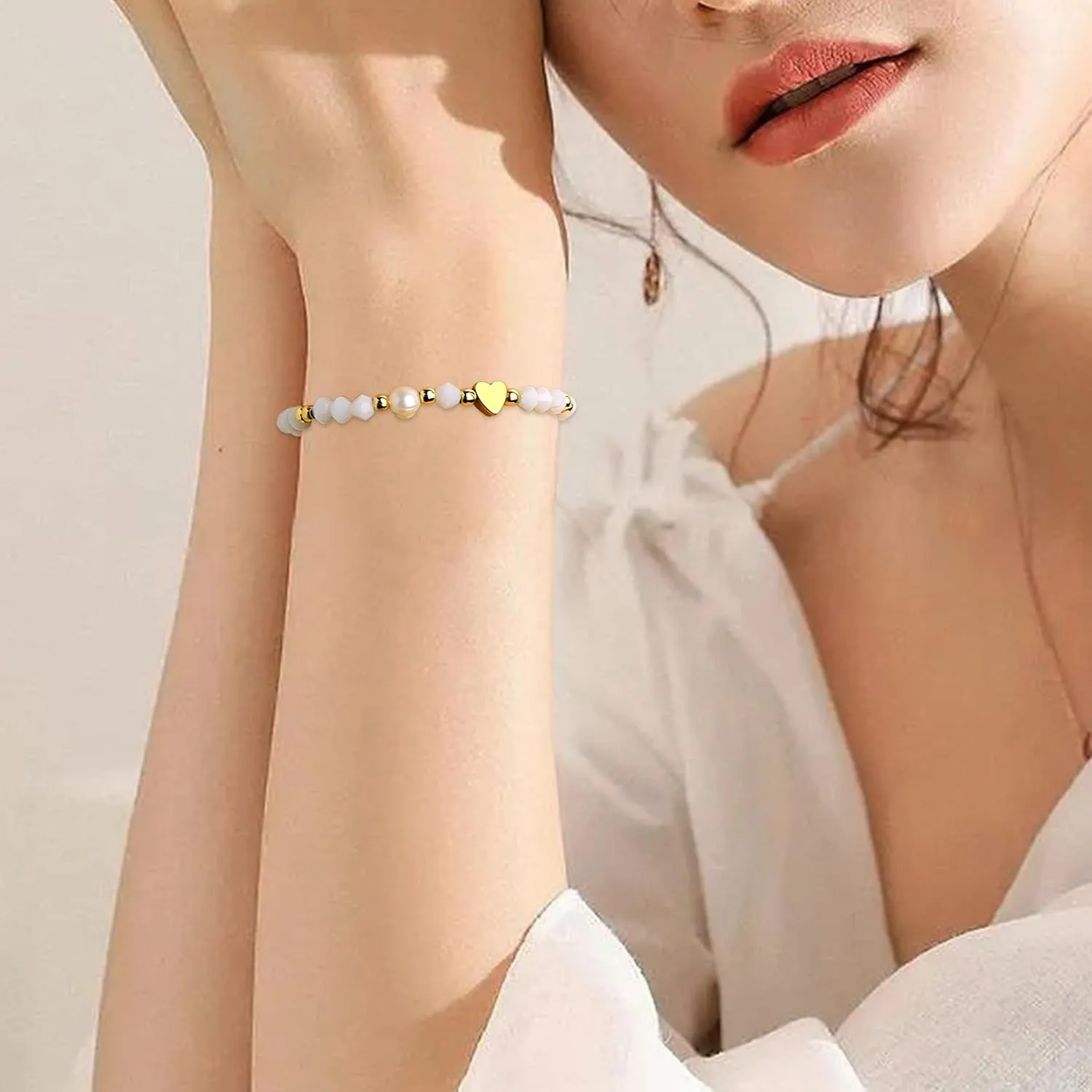 Valentines Day Boho Baroque Pearl Beaded Friendship Strand Bracelets for Women Charm Cross Heart Star Handmade Adjustable Rope Gold Ball Beads Bohemian Stackable Bracelet Jewelry Gift