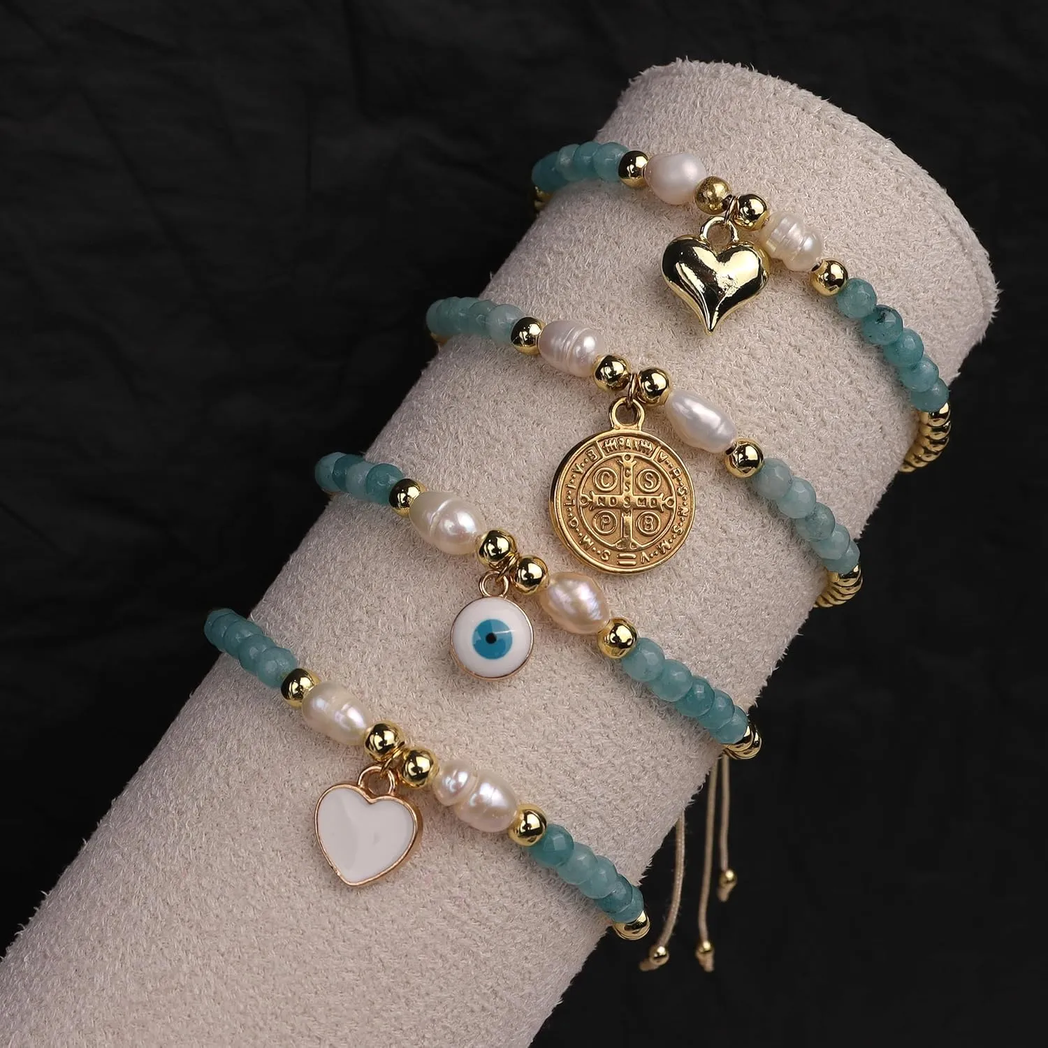Valentines Day Boho Baroque Pearl Beaded Friendship Strand Bracelets for Women Charm Cross Heart Star Handmade Adjustable Rope Gold Ball Beads Bohemian Stackable Bracelet Jewelry Gift