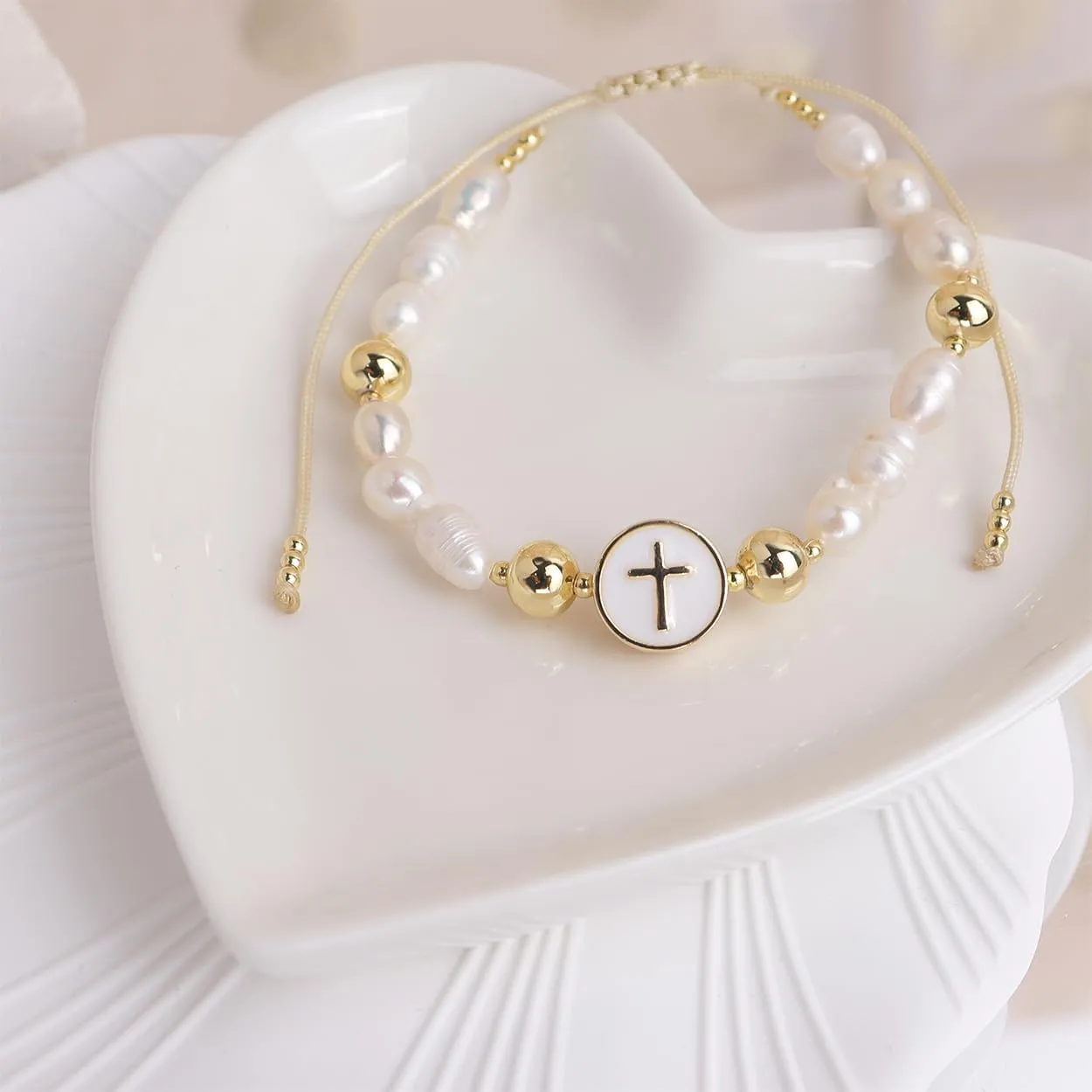 Valentines Day Boho Baroque Pearl Beaded Friendship Strand Bracelets for Women Charm Cross Heart Star Handmade Adjustable Rope Gold Ball Beads Bohemian Stackable Bracelet Jewelry Gift