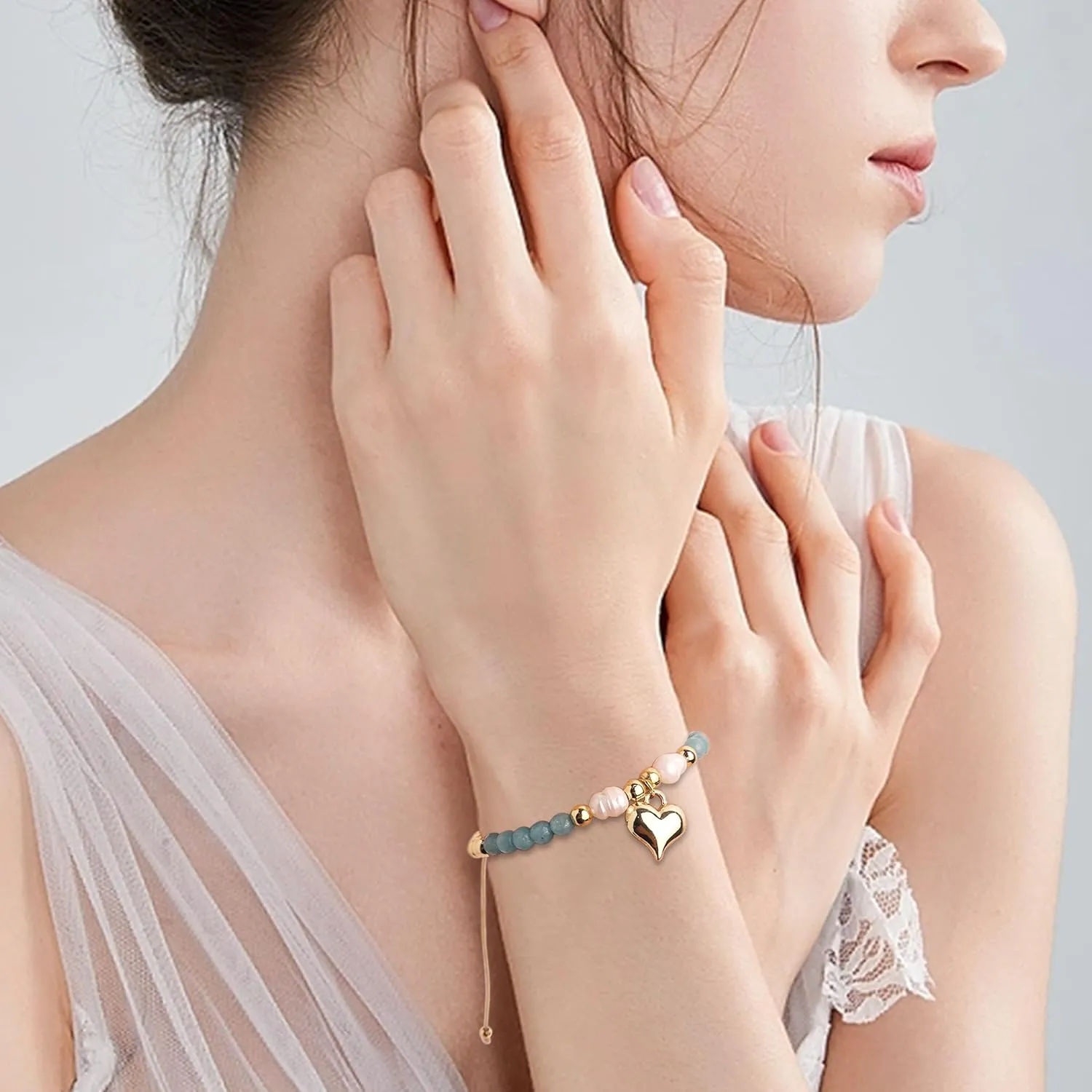 Valentines Day Boho Baroque Pearl Beaded Friendship Strand Bracelets for Women Charm Cross Heart Star Handmade Adjustable Rope Gold Ball Beads Bohemian Stackable Bracelet Jewelry Gift