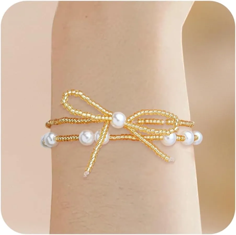 Valentines Day Gold Beaded Initial Friendship Stretch Bracelets for Women Trendy Boho White Cross Heart Letter Name Stackable Beads