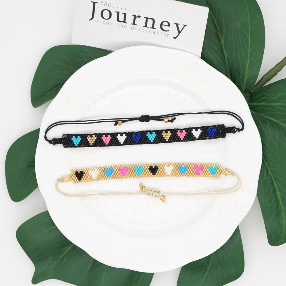 Valentines Day Handmade Boho Seed Bead Friendship Bracelets for Women Adjustable Couples String Braided Bohemia Pink Love Heart Gold Beaded Strands Bracelet Fashion Jewelry Gift