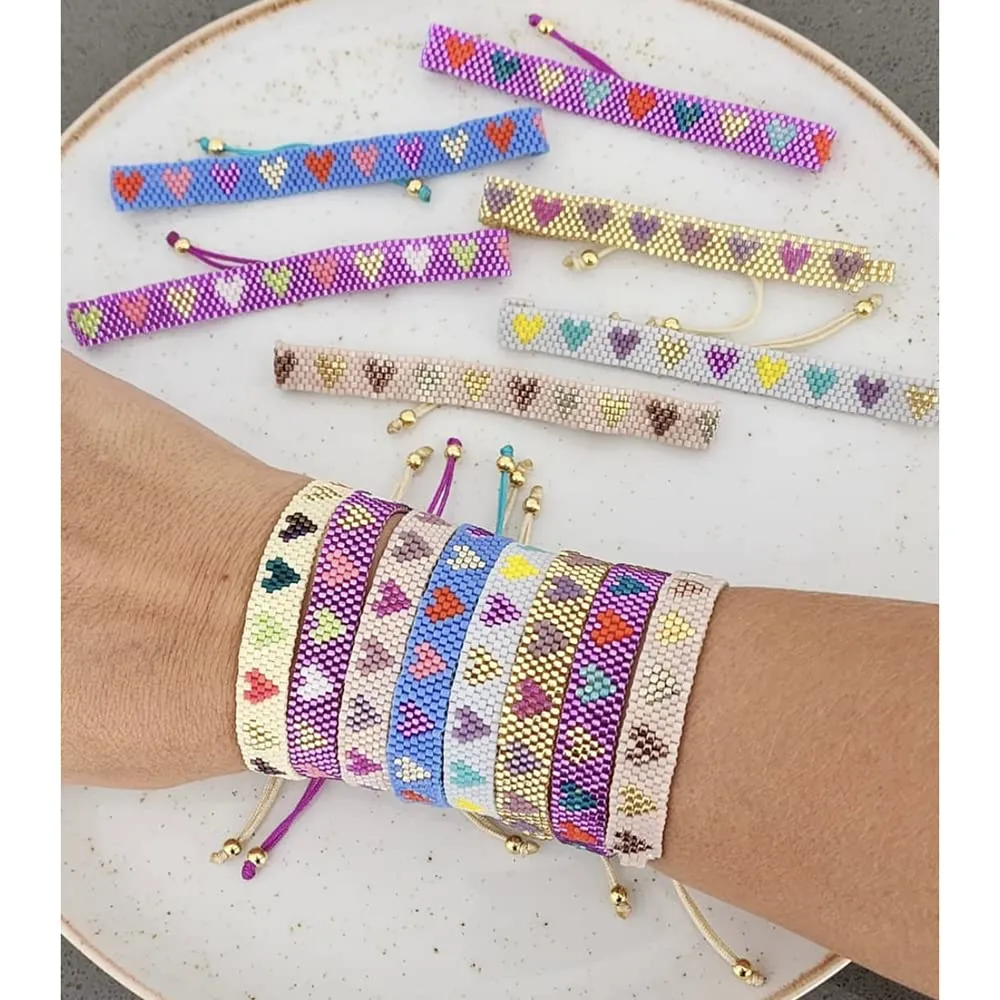 Valentines Day Handmade Boho Seed Bead Friendship Bracelets for Women Adjustable Couples String Braided Bohemia Pink Love Heart Gold Beaded Strands Bracelet Fashion Jewelry Gift