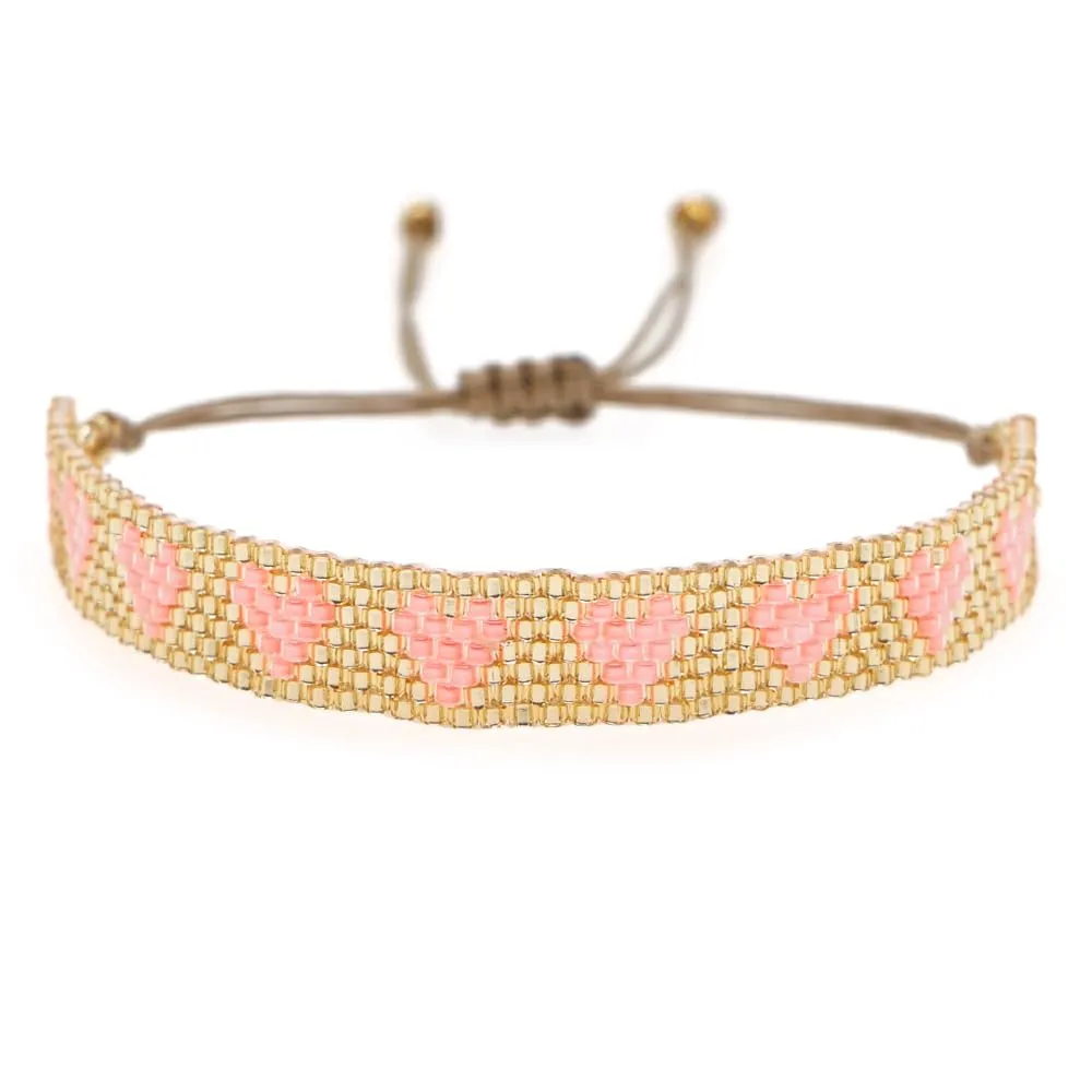 Valentines Day Handmade Boho Seed Bead Friendship Bracelets for Women Adjustable Couples String Braided Bohemia Pink Love Heart Gold Beaded Strands Bracelet Fashion Jewelry Gift
