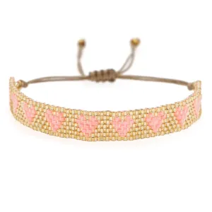 Valentines Day Handmade Boho Seed Bead Friendship Bracelets for Women Adjustable Couples String Braided Bohemia Pink Love Heart Gold Beaded Strands Bracelet Fashion Jewelry Gift