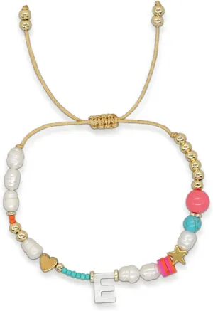 Valentines Day Initial Pearl Beaded Adjustable Bracelets for Women, Cute Handmade Gold Clay Beads Friendship Heart Letter Name Bracelet Holiday Beach Jewelry Friend Gift