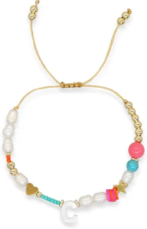 Valentines Day Initial Pearl Beaded Adjustable Bracelets for Women, Cute Handmade Gold Clay Beads Friendship Heart Letter Name Bracelet Holiday Beach Jewelry Friend Gift