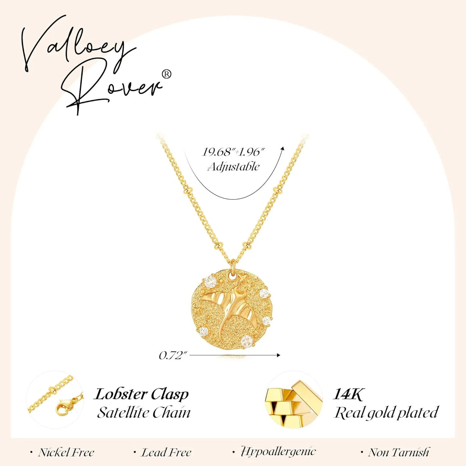 Valloey Rover Gold Necklace for Women 14K Gold Plated Pendant Neckalce Simple Dainty Satellite Chain Necklace Jewelry Gift for Women