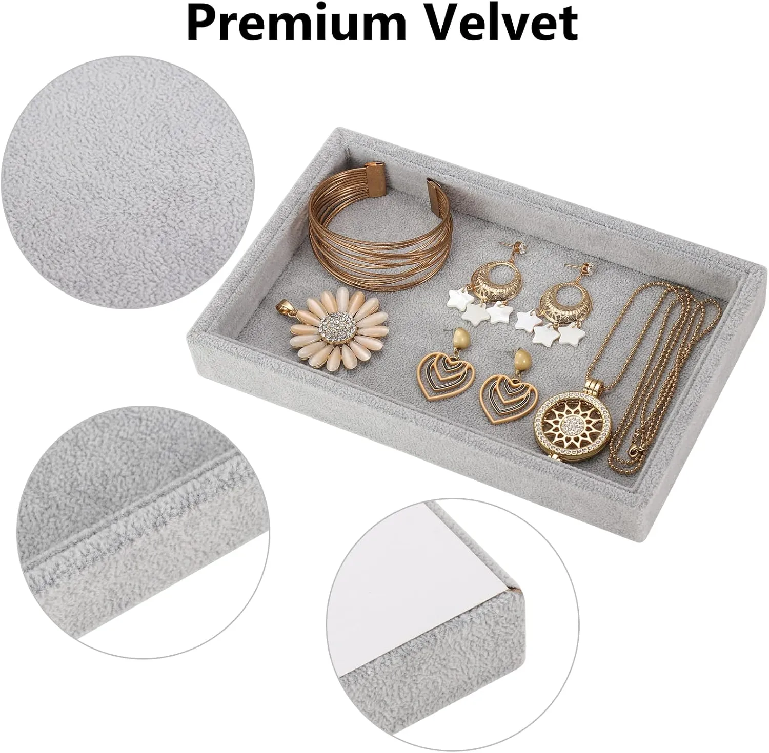 Valyria Velvet Jewelry Tray, Stackable Showcase Display Organizer for Ring Earring Necklace Pendants Bracelet (Grey)