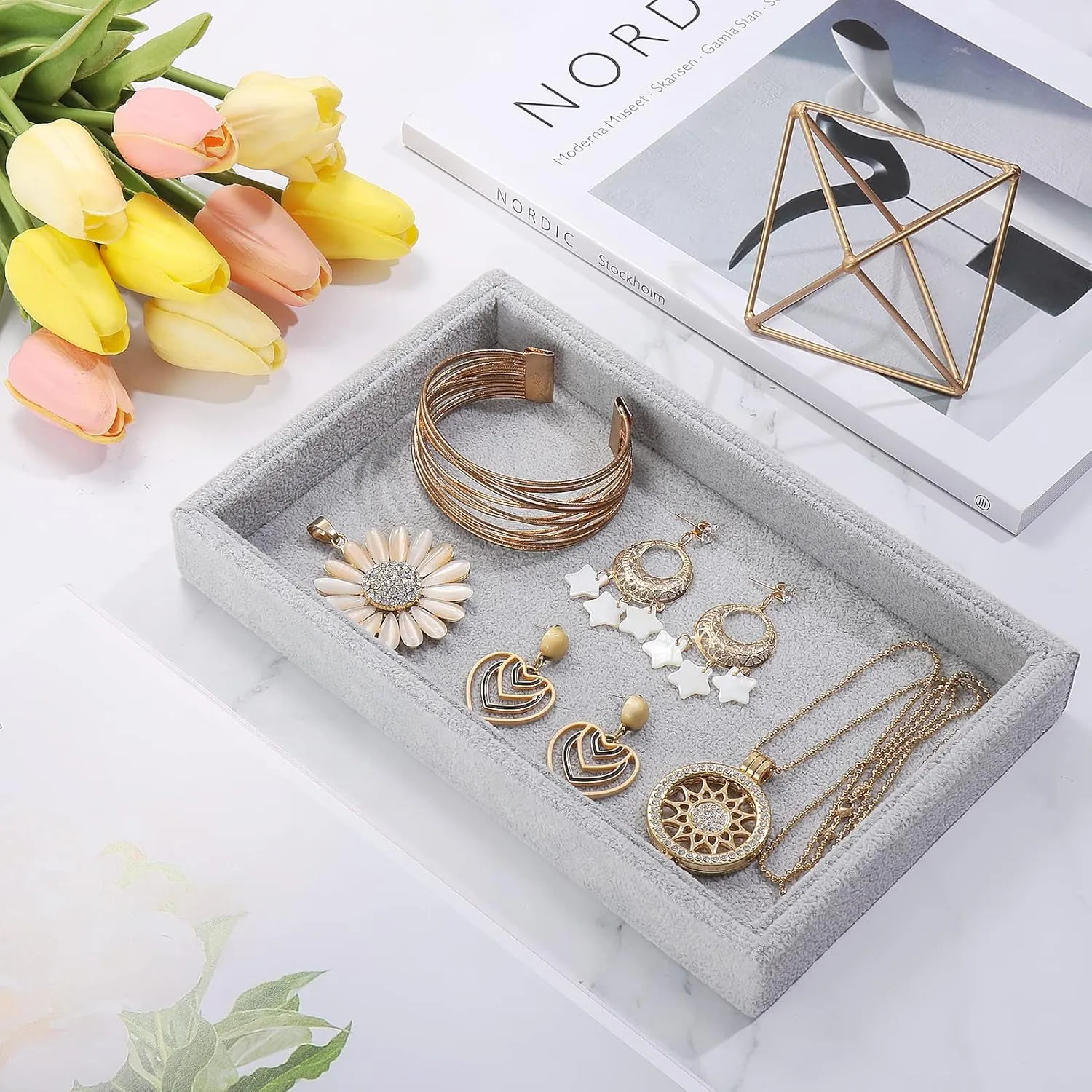 Valyria Velvet Jewelry Tray, Stackable Showcase Display Organizer for Ring Earring Necklace Pendants Bracelet (Grey)