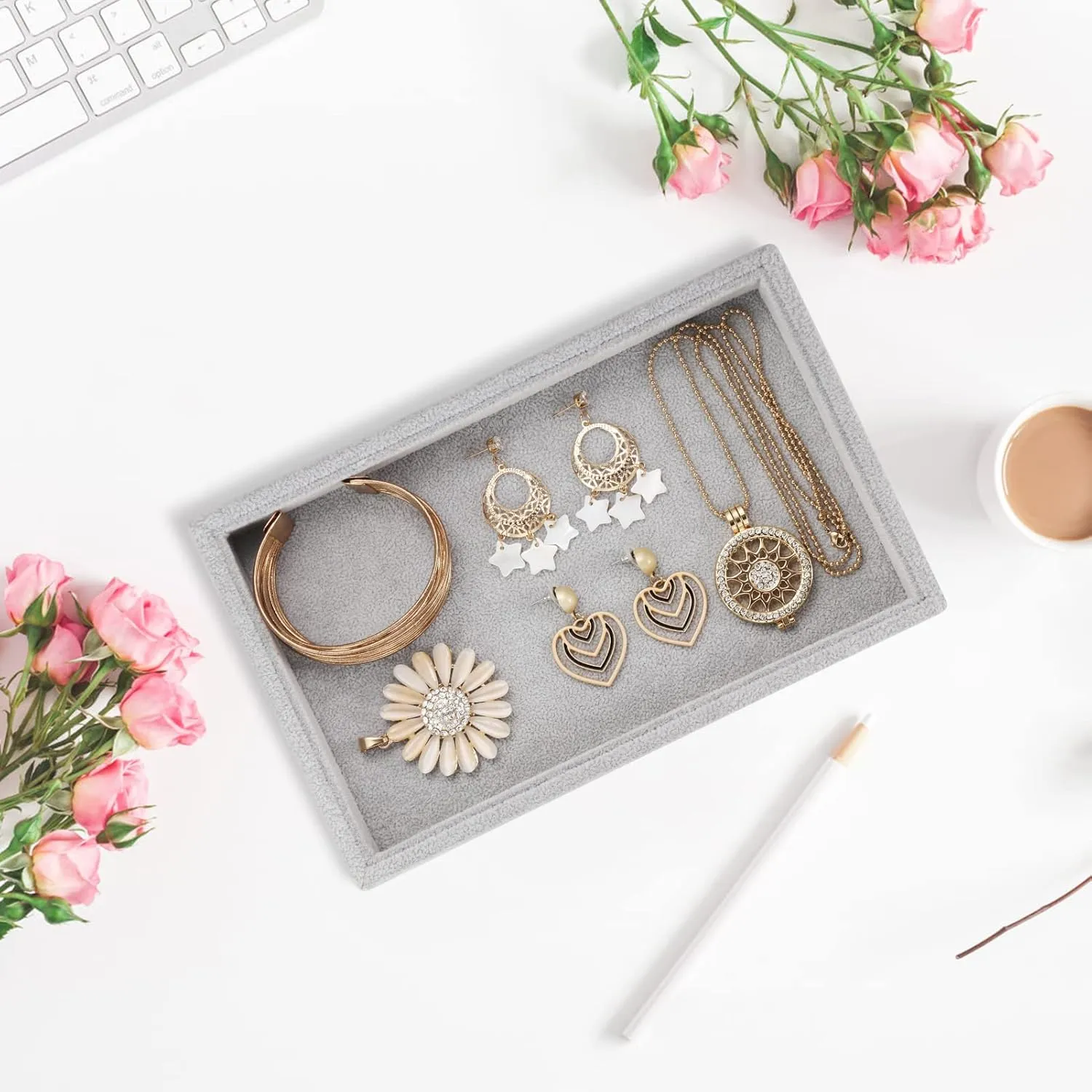 Valyria Velvet Jewelry Tray, Stackable Showcase Display Organizer for Ring Earring Necklace Pendants Bracelet (Grey)