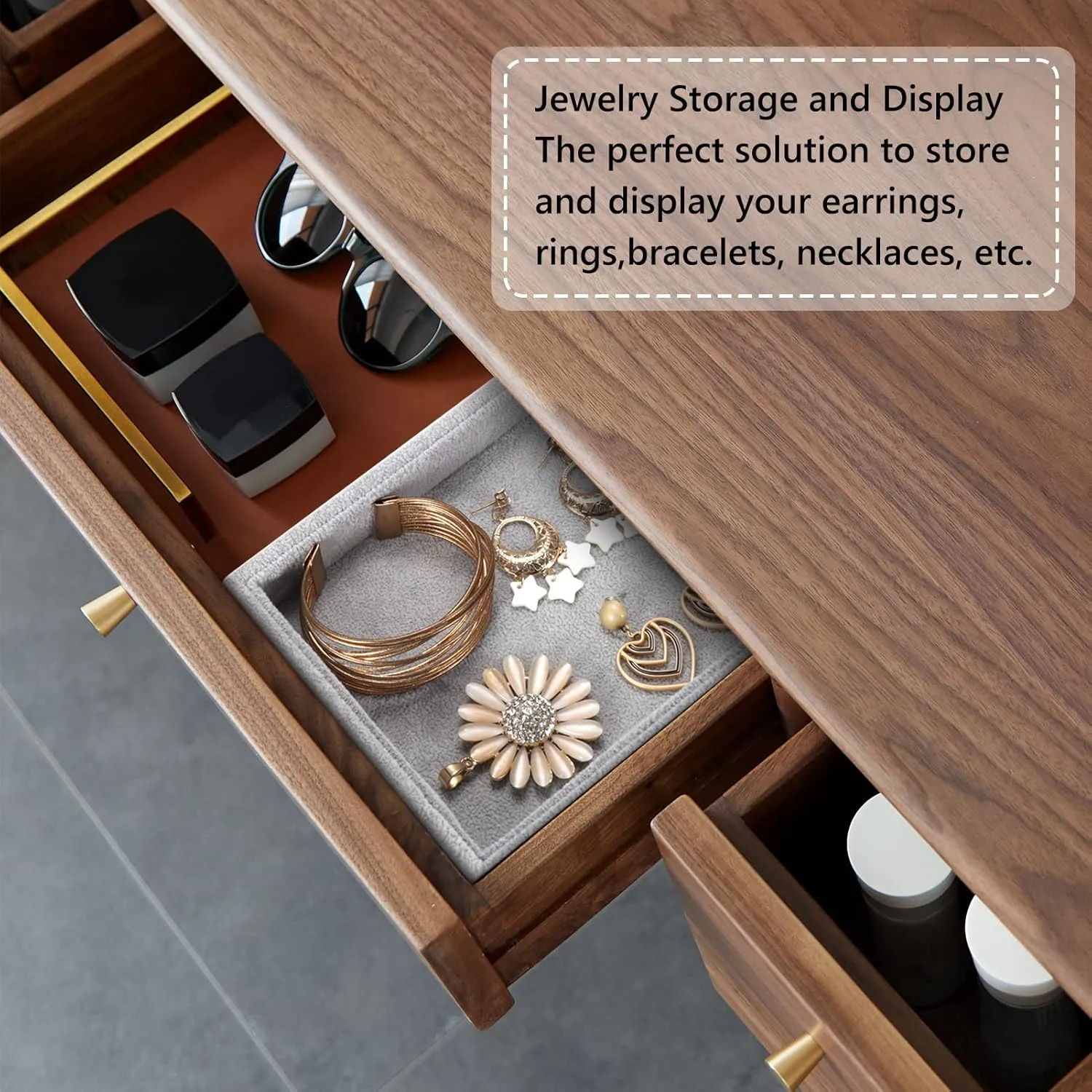 Valyria Velvet Jewelry Tray, Stackable Showcase Display Organizer for Ring Earring Necklace Pendants Bracelet (Grey)