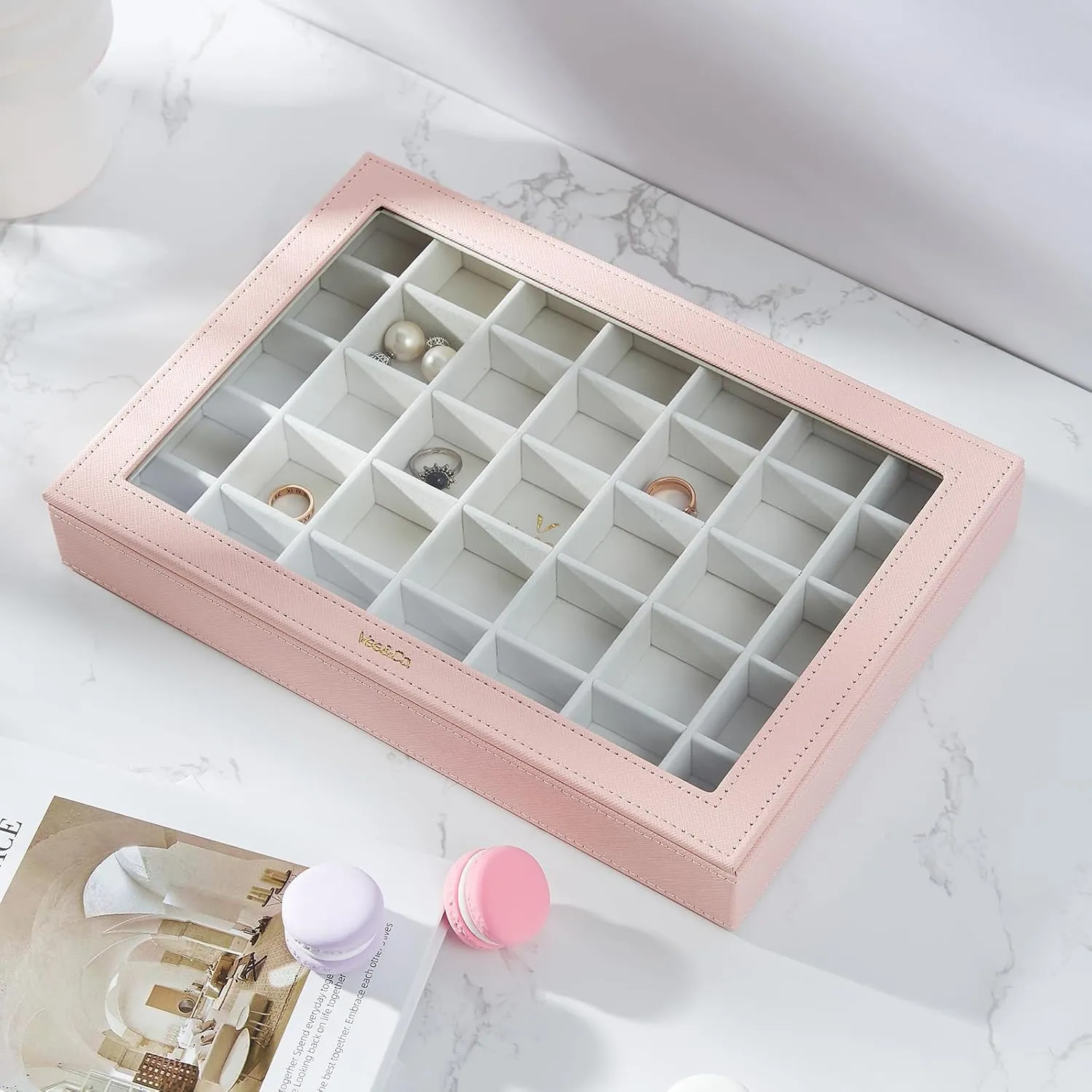 VEE&CO. Jewelry Holder Organizer Tray, 35 Grid with Lid, Pink, Sturdy Wooden Frame Earring Organizer, Extra Large Space for Studs, Rings, Necklaces, Gift