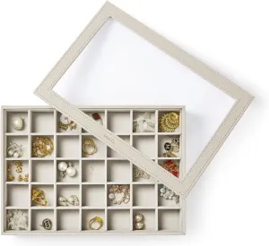 VEE&CO. Jewelry Holder Organizer Tray, 35 Grid with Lid Pink, Sturdy Wooden Frame Earring Organizer, Extra Large Space for Studs, Rings, Necklaces, Gift
