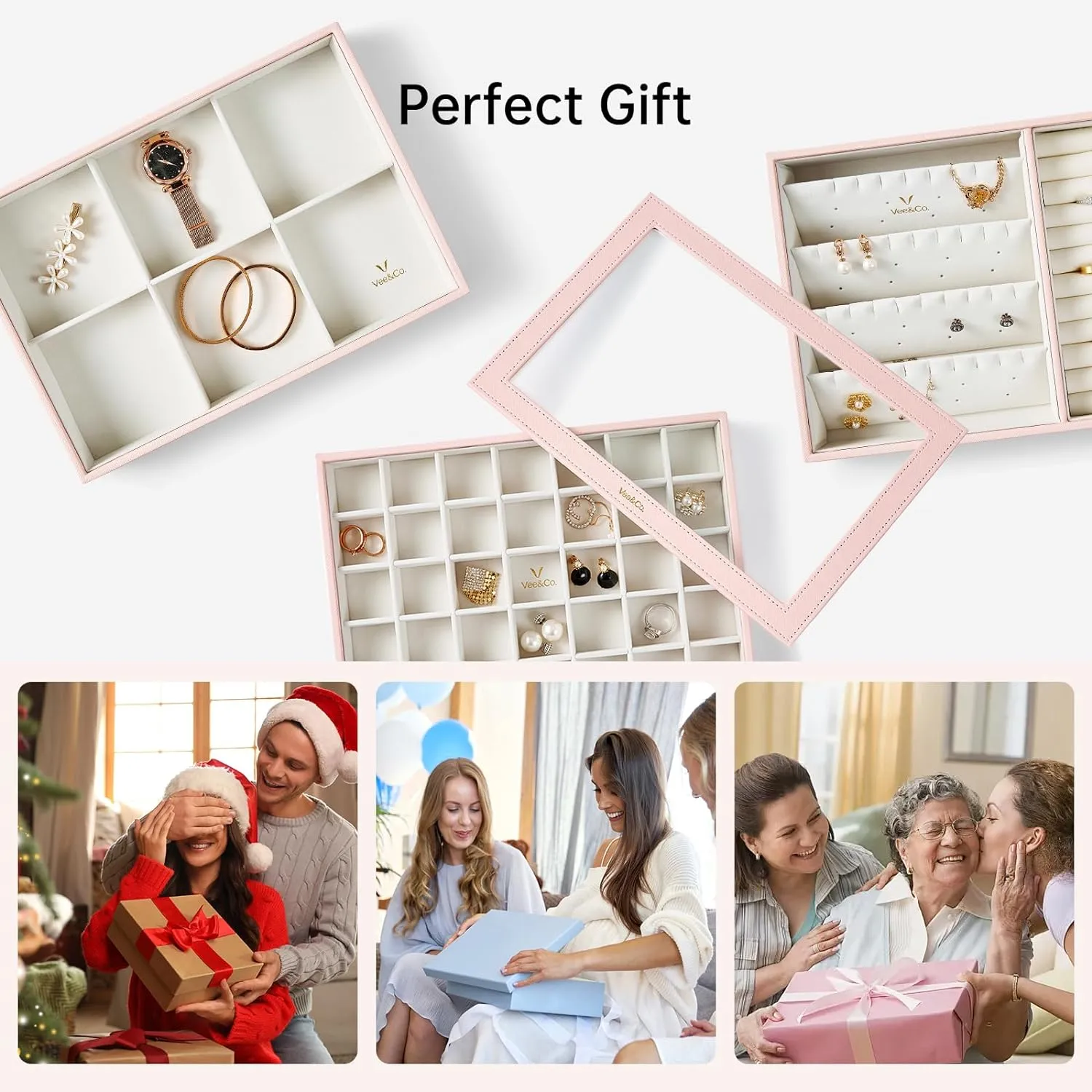 VEE&CO. Jewelry Holder Organizer Tray, 35 Grid with Lid, Pink, Sturdy Wooden Frame Earring Organizer, Extra Large Space for Studs, Rings, Necklaces, Gift
