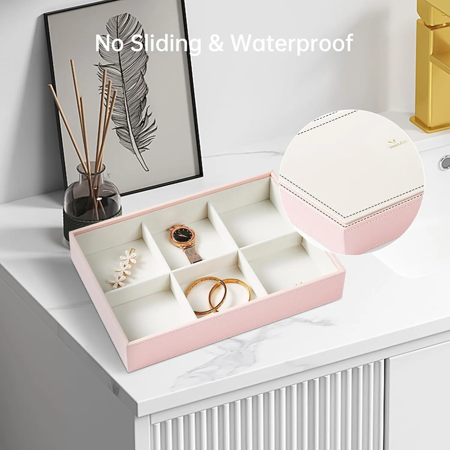 VEE&CO. Jewelry Holder Organizer Tray, 35 Grid with Lid, Pink, Sturdy Wooden Frame Earring Organizer, Extra Large Space for Studs, Rings, Necklaces, Gift