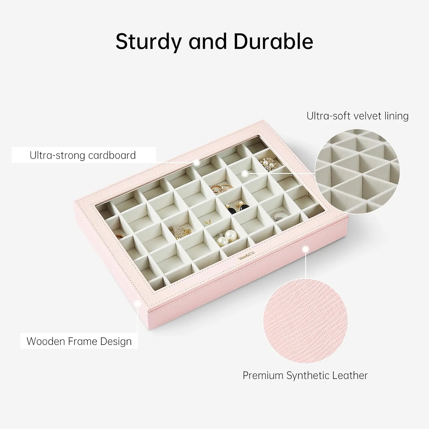 VEE&CO. Jewelry Holder Organizer Tray, 35 Grid with Lid, Pink, Sturdy Wooden Frame Earring Organizer, Extra Large Space for Studs, Rings, Necklaces, Gift