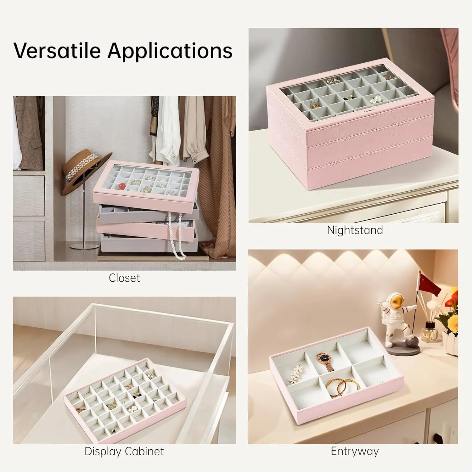 VEE&CO. Jewelry Holder Organizer Tray, 35 Grid with Lid, Pink, Sturdy Wooden Frame Earring Organizer, Extra Large Space for Studs, Rings, Necklaces, Gift