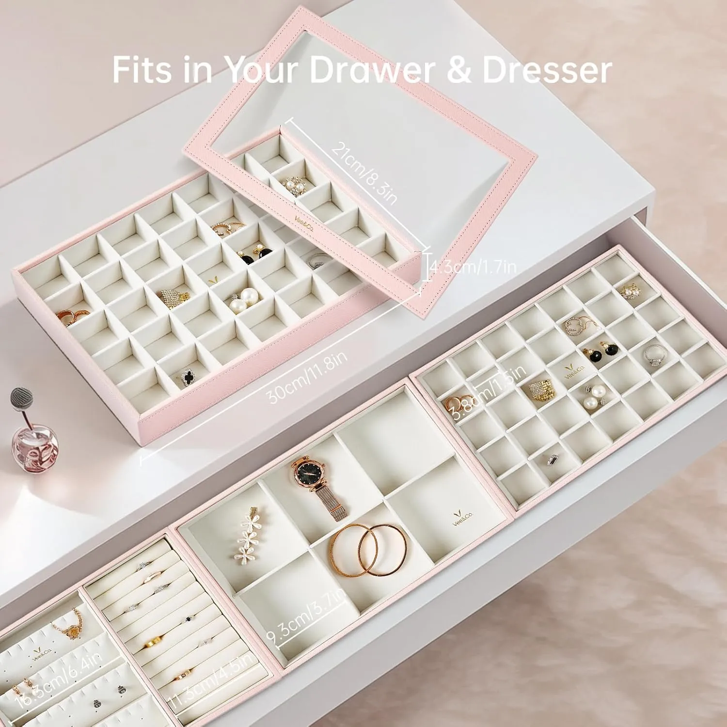 VEE&CO. Jewelry Holder Organizer Tray, 35 Grid with Lid, Pink, Sturdy Wooden Frame Earring Organizer, Extra Large Space for Studs, Rings, Necklaces, Gift