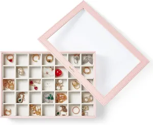 VEE&CO. Jewelry Holder Organizer Tray, 35 Grid with Lid, Pink, Sturdy Wooden Frame Earring Organizer, Extra Large Space for Studs, Rings, Necklaces, Gift
