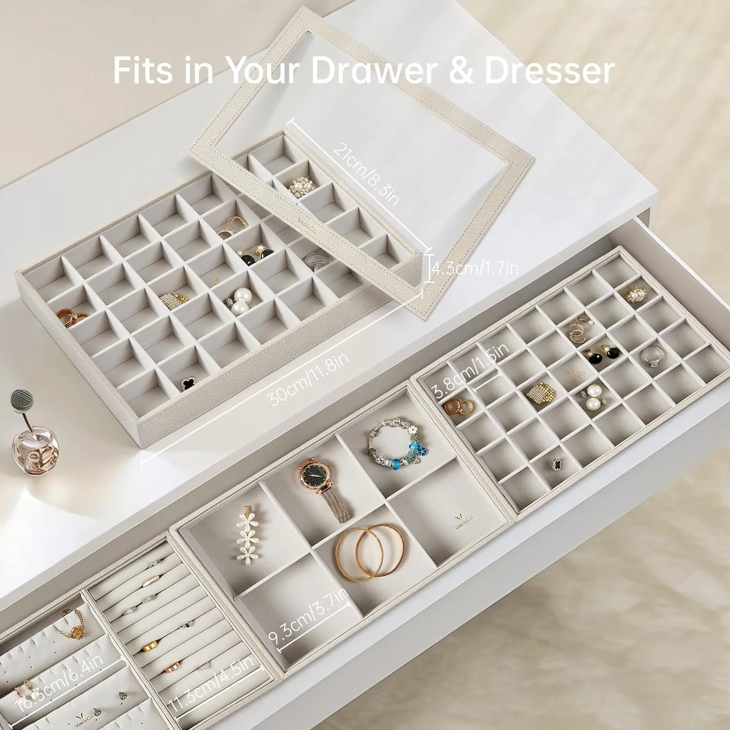 VEE&CO. Jewelry Holder Organizer Tray, 35 Grid with Lid Pink, Sturdy Wooden Frame Earring Organizer, Extra Large Space for Studs, Rings, Necklaces, Gift