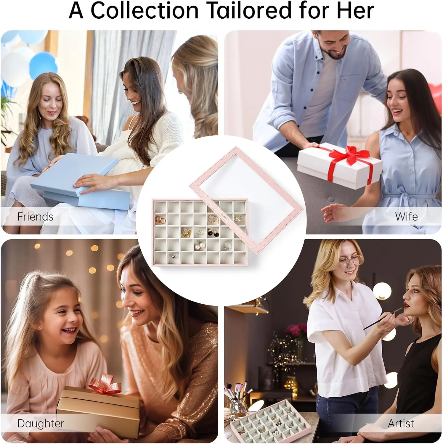 VEE&CO. Jewelry Holder Organizer Tray, 35 Grid with Lid, Pink, Sturdy Wooden Frame Earring Organizer, Extra Large Space for Studs, Rings, Necklaces, Gift