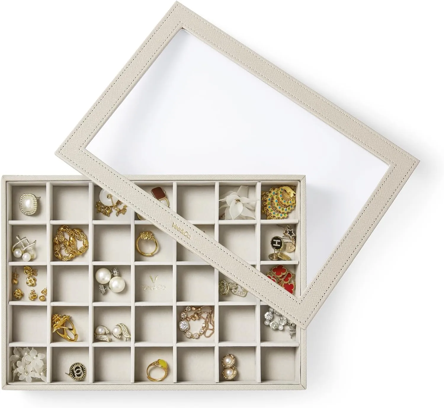 VEE&CO. Jewelry Holder Organizer Tray, 35 Grid with Lid Pink, Sturdy Wooden Frame Earring Organizer, Extra Large Space for Studs, Rings, Necklaces, Gift