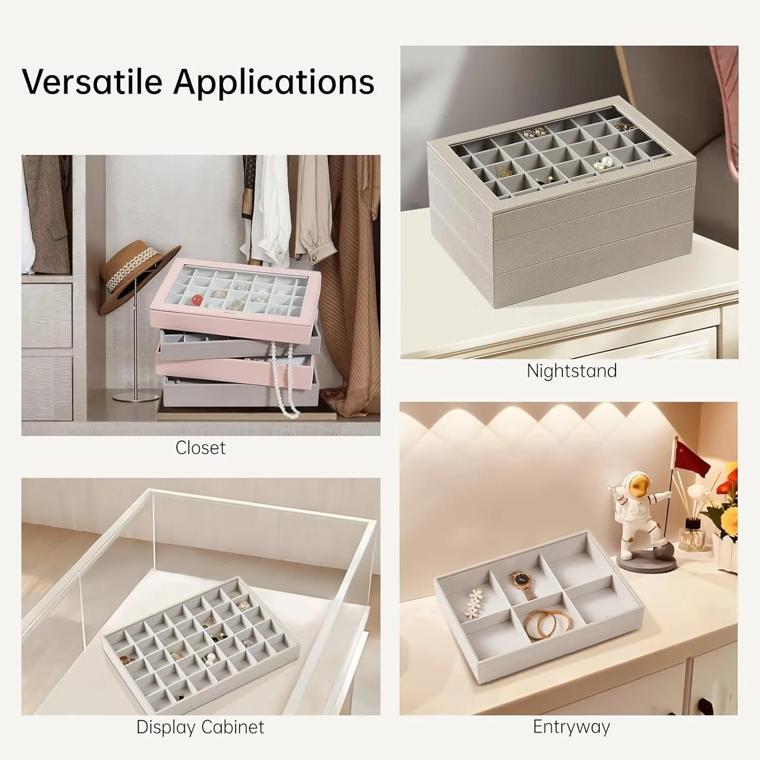 VEE&CO. Jewelry Holder Organizer Tray, 35 Grid with Lid Pink, Sturdy Wooden Frame Earring Organizer, Extra Large Space for Studs, Rings, Necklaces, Gift