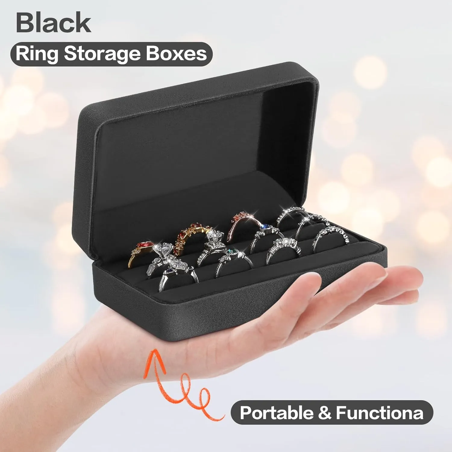 Velet Ring Storage Box for Multiple Rings, Travel Jewelry Ring Stud Earrings Holder Case, 3 Slot Portable Ring Display Organizer Case (Black)