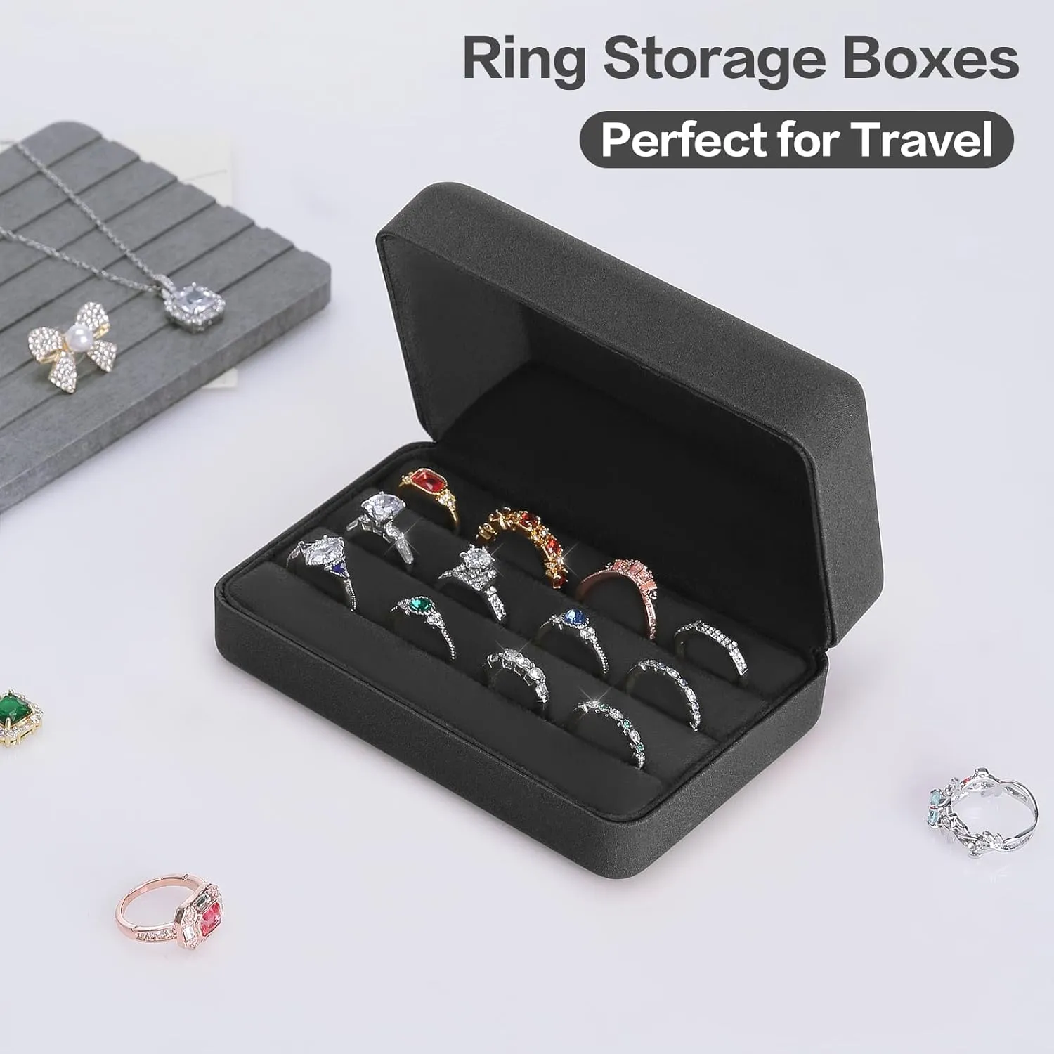Velet Ring Storage Box for Multiple Rings, Travel Jewelry Ring Stud Earrings Holder Case, 3 Slot Portable Ring Display Organizer Case (Black)