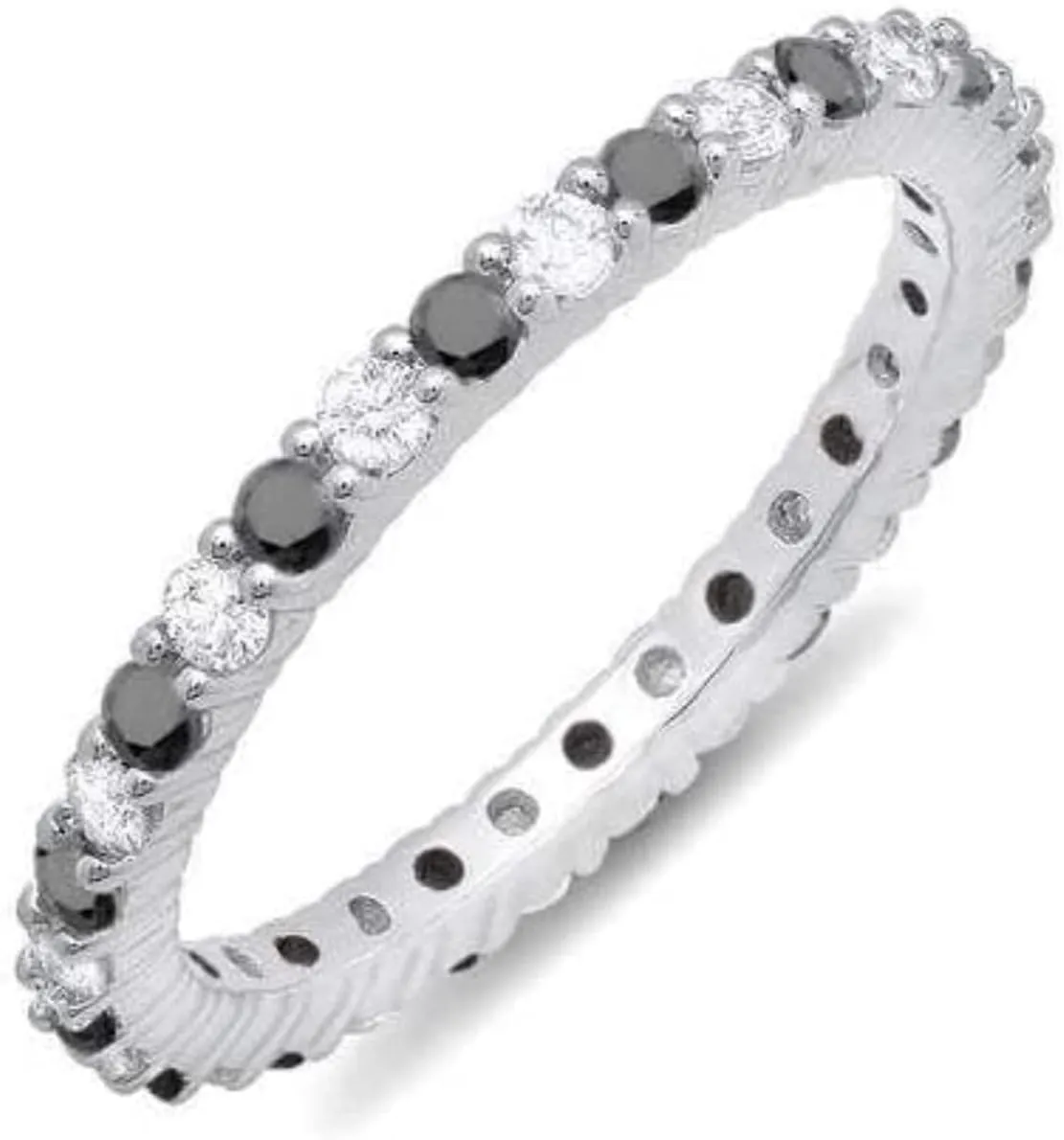 Venetia Realistic Hearts And Arrows Cut Black and White Simulated Diamond Eternity Ring Band 925 Silver Platinum Plated Stackable to form set (8)