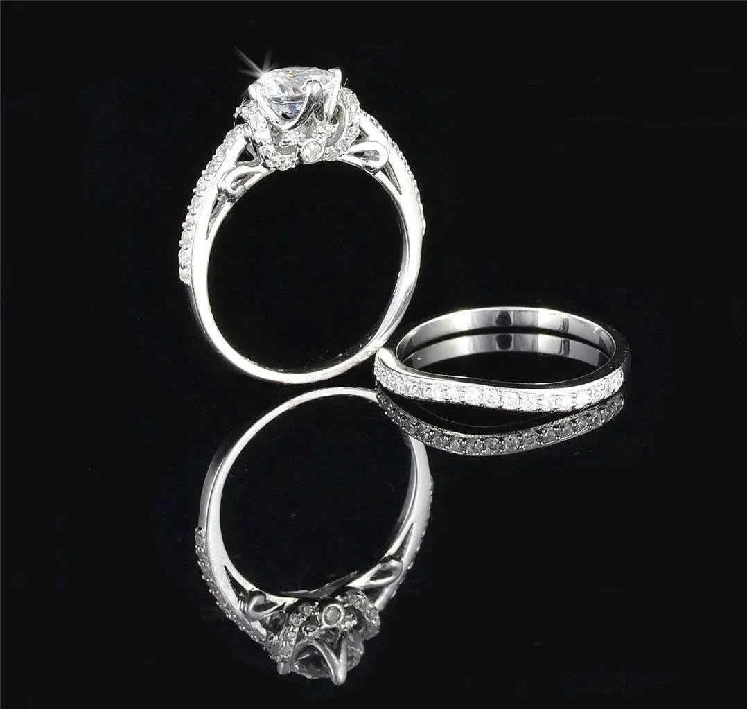 Venetia Top Grade Realistic Hearts and Arrows Cut Art Decor Pave Simulated Diamond Ring Curved Band 2 Pcs Set Platinum Plated 925 Silver