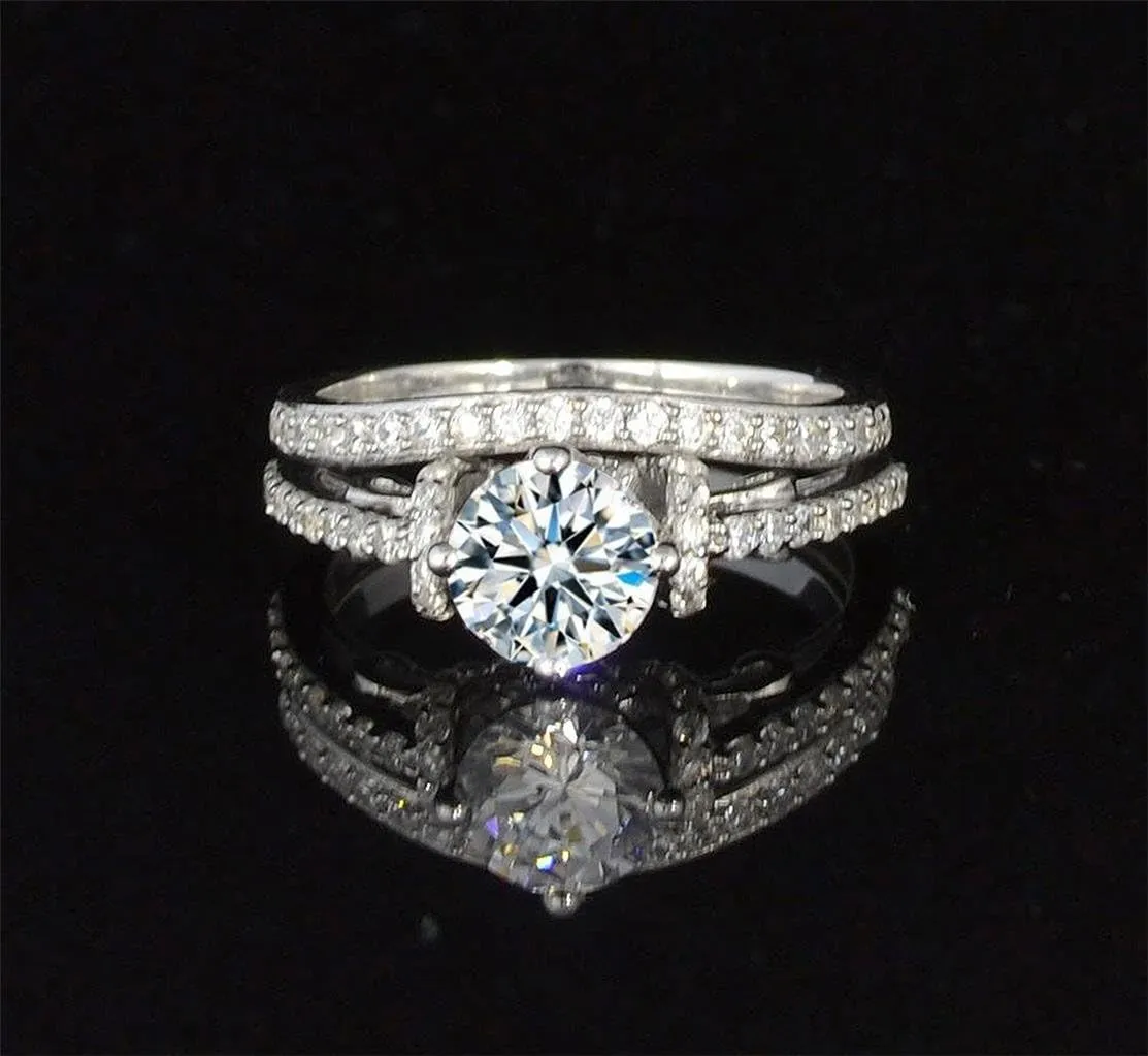 Venetia Top Grade Realistic Hearts and Arrows Cut Art Decor Pave Simulated Diamond Ring Curved Band 2 Pcs Set Platinum Plated 925 Silver