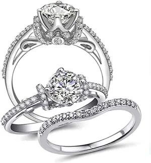 Venetia Top Grade Realistic Hearts and Arrows Cut Art Decor Pave Simulated Diamond Ring Curved Band 2 Pcs Set Platinum Plated 925 Silver