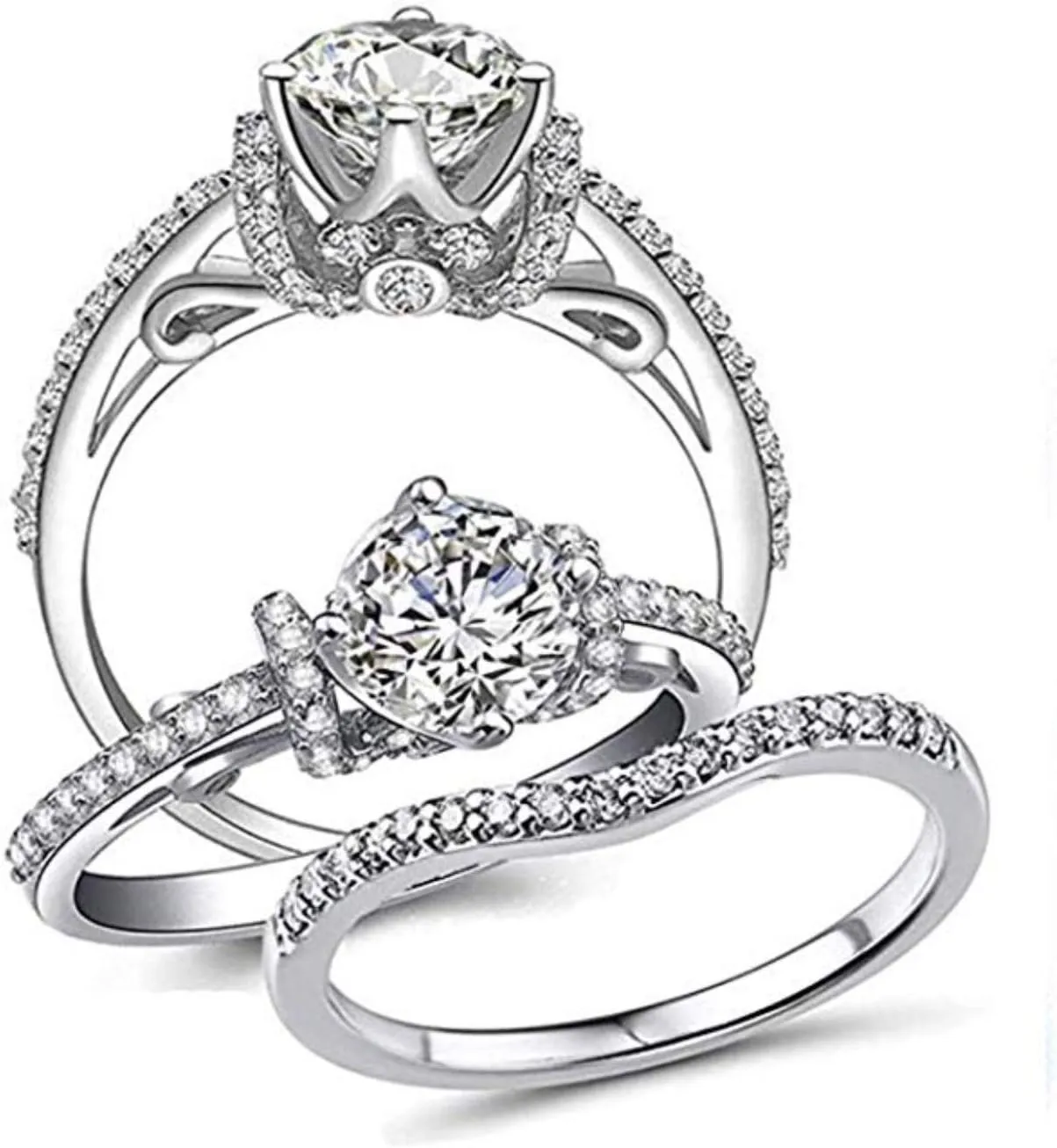 Venetia Top Grade Realistic Hearts and Arrows Cut Art Decor Pave Simulated Diamond Ring Curved Band 2 Pcs Set Platinum Plated 925 Silver