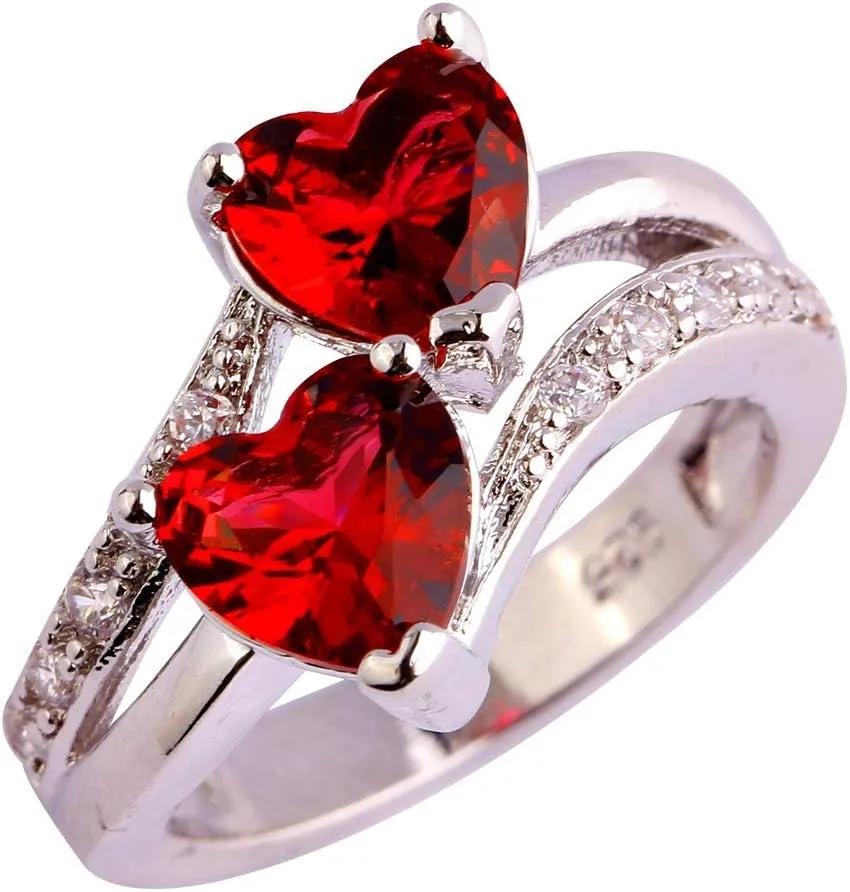 Vintage 925 Sterling Silver Plated Halo CZ Double Heart Created Blue&White Topaz Love Wedding Promise Ring