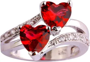 Vintage 925 Sterling Silver Plated Halo CZ Double Heart Created Blue&White Topaz Love Wedding Promise Ring