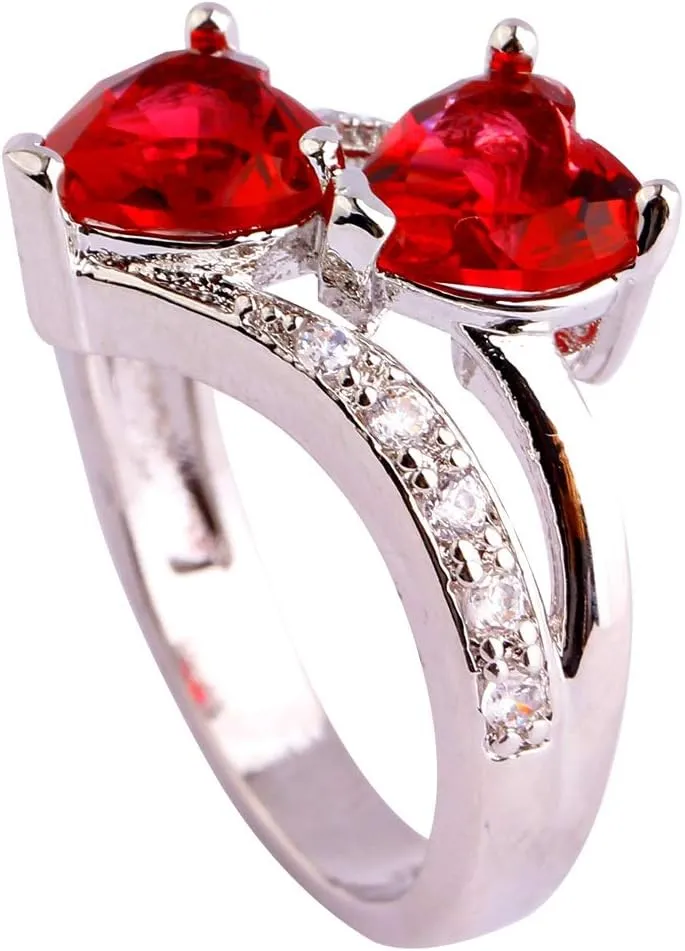 Vintage 925 Sterling Silver Plated Halo CZ Double Heart Created Blue&White Topaz Love Wedding Promise Ring
