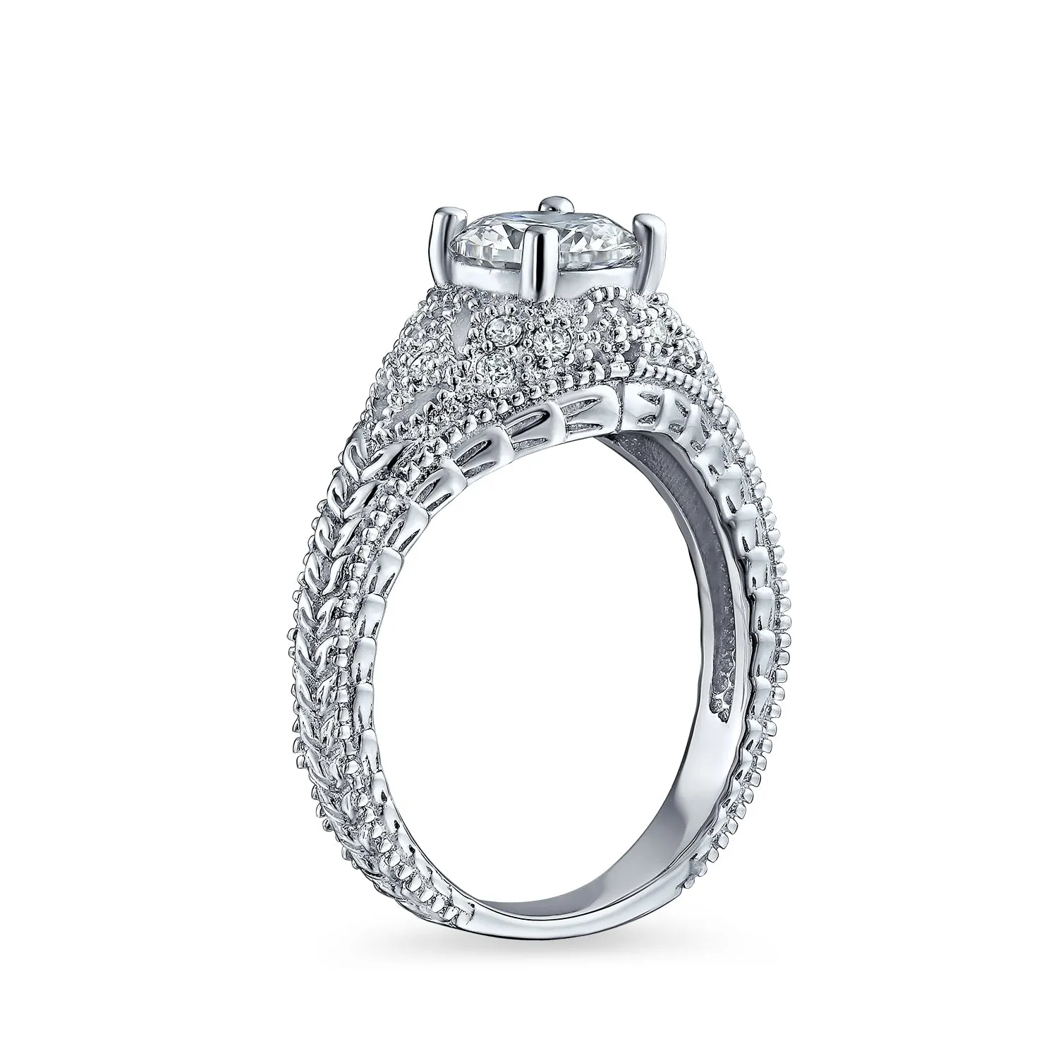 Vintage Art Deco 3CT Round Solitaire CZ Engagement Ring & Wedding Set Silver