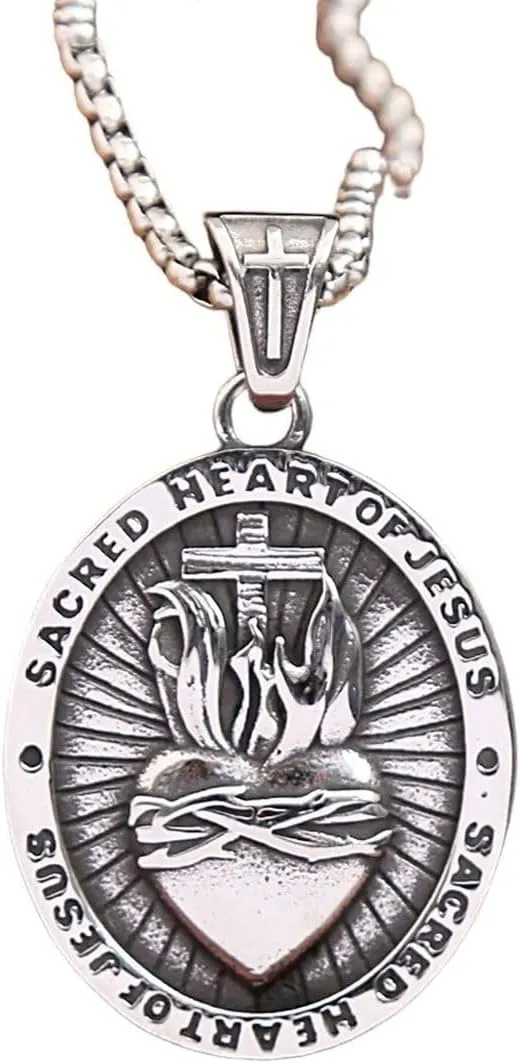 Vintage Christian Sacred Heart Of Jesus Pendant For Men Women Classic Stainless Steel Religious Necklaces Fashion Jewelry Gifts, As Pic