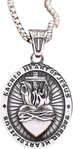 Vintage Christian Sacred Heart Of Jesus Pendant For Men Women Classic Stainless Steel Religious Necklaces Fashion Jewelry Gifts, As Pic