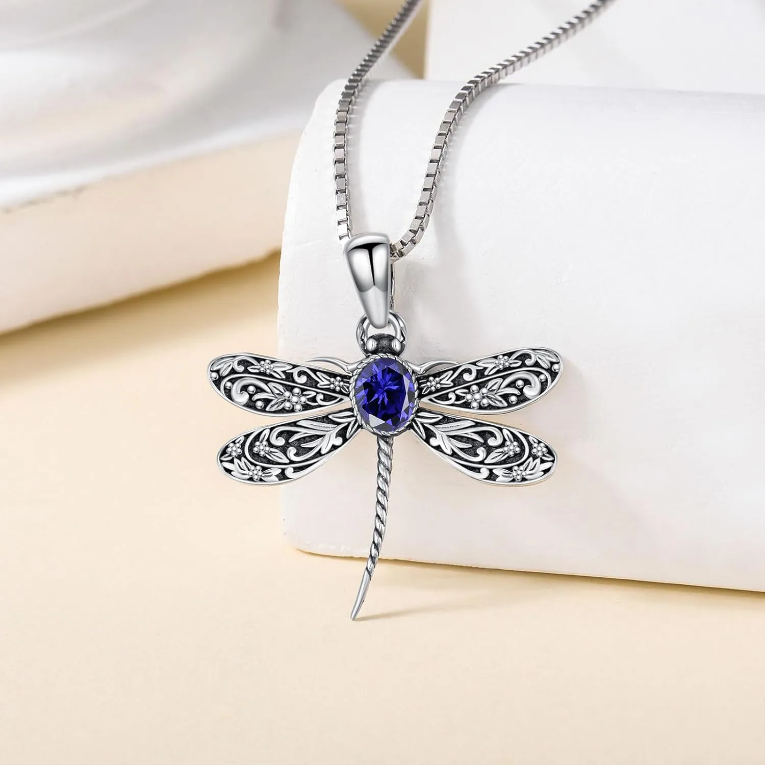 Vintage Dragonfly Pendant Necklace for Women 925 Sterling Silver Oval Shaped Gemstone Cute Dragonfly Necklaces Birthstone Jewelry Birthday Gifts for Her