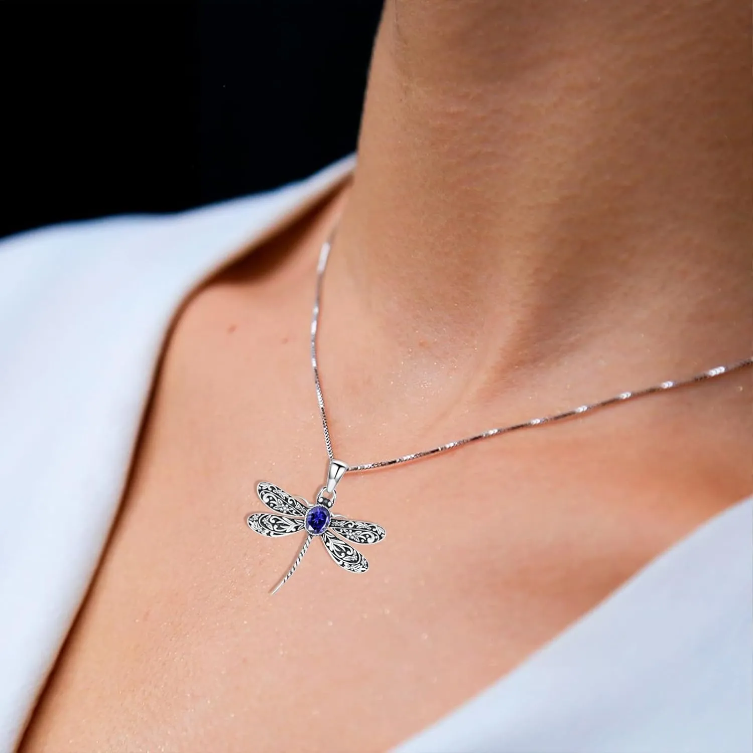 Vintage Dragonfly Pendant Necklace for Women 925 Sterling Silver Oval Shaped Gemstone Cute Dragonfly Necklaces Birthstone Jewelry Birthday Gifts for Her