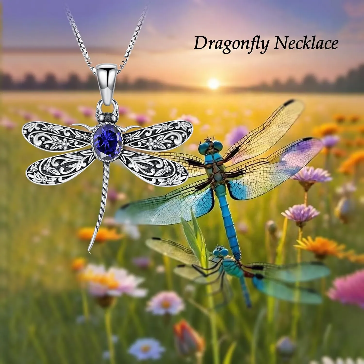 Vintage Dragonfly Pendant Necklace for Women 925 Sterling Silver Oval Shaped Gemstone Cute Dragonfly Necklaces Birthstone Jewelry Birthday Gifts for Her