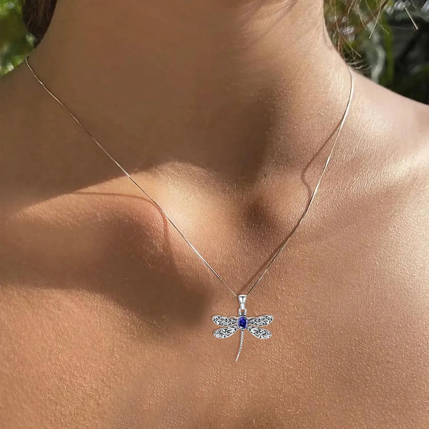 Vintage Dragonfly Pendant Necklace for Women 925 Sterling Silver Oval Shaped Gemstone Cute Dragonfly Necklaces Birthstone Jewelry Birthday Gifts for Her