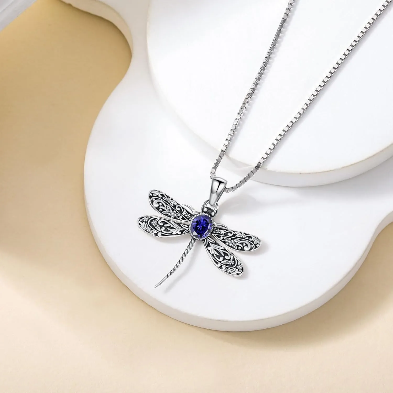 Vintage Dragonfly Pendant Necklace for Women 925 Sterling Silver Oval Shaped Gemstone Cute Dragonfly Necklaces Birthstone Jewelry Birthday Gifts for Her